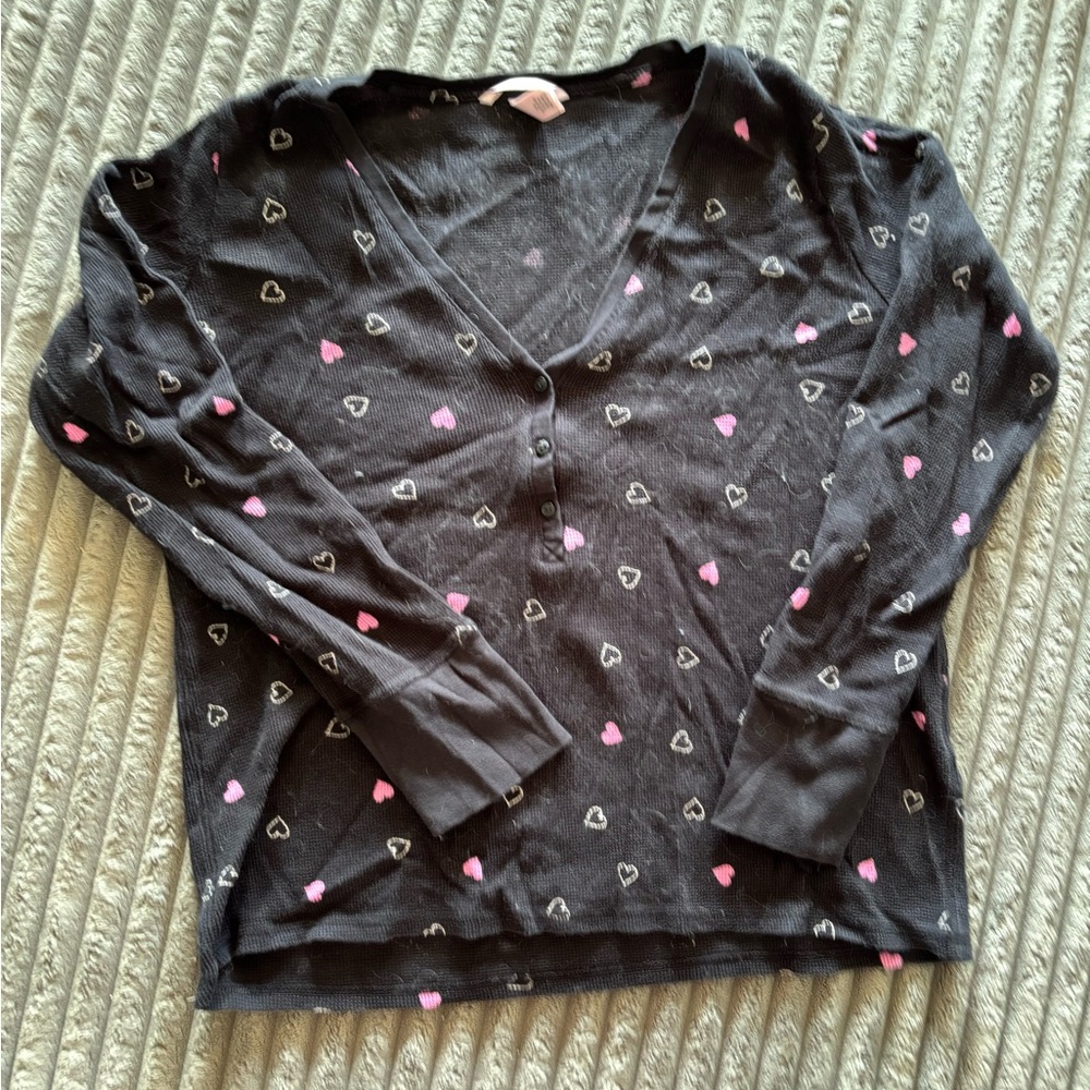Black Pajama Shirt with Heart Pattern